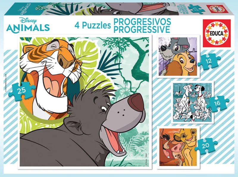 puzzel - progressief - 4 puzzels 12-16-20-25 stukjes - Disney animals van Educa, editie Meerkleurig – doos