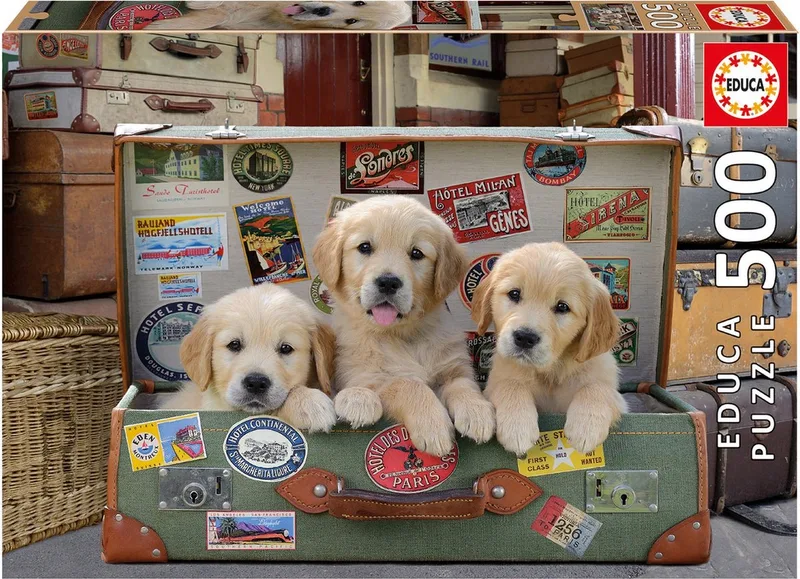 Puzzel - Puppy's in de reiskoffer - 500 stuks - Legpuzzel van Educa, editie Meerkleurig – doos 1 van 2
