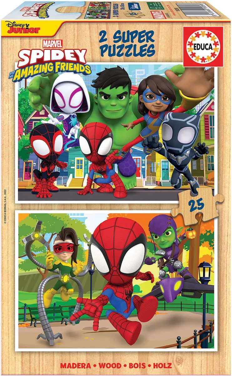 Puzzel Spidey & His Amazing Friends - Hout - 2x25 stukjes - Legpuzzel voor kinderen. van Educa, editie Meerkleurig – doos