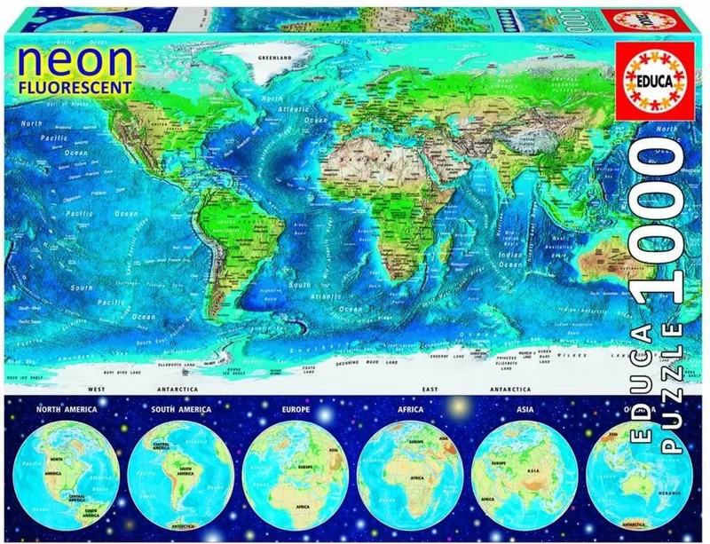 puzzel - wereldkaart - Glow in the Dark- 1000 stukjes van Educa, editie Meerkleurig – doos
