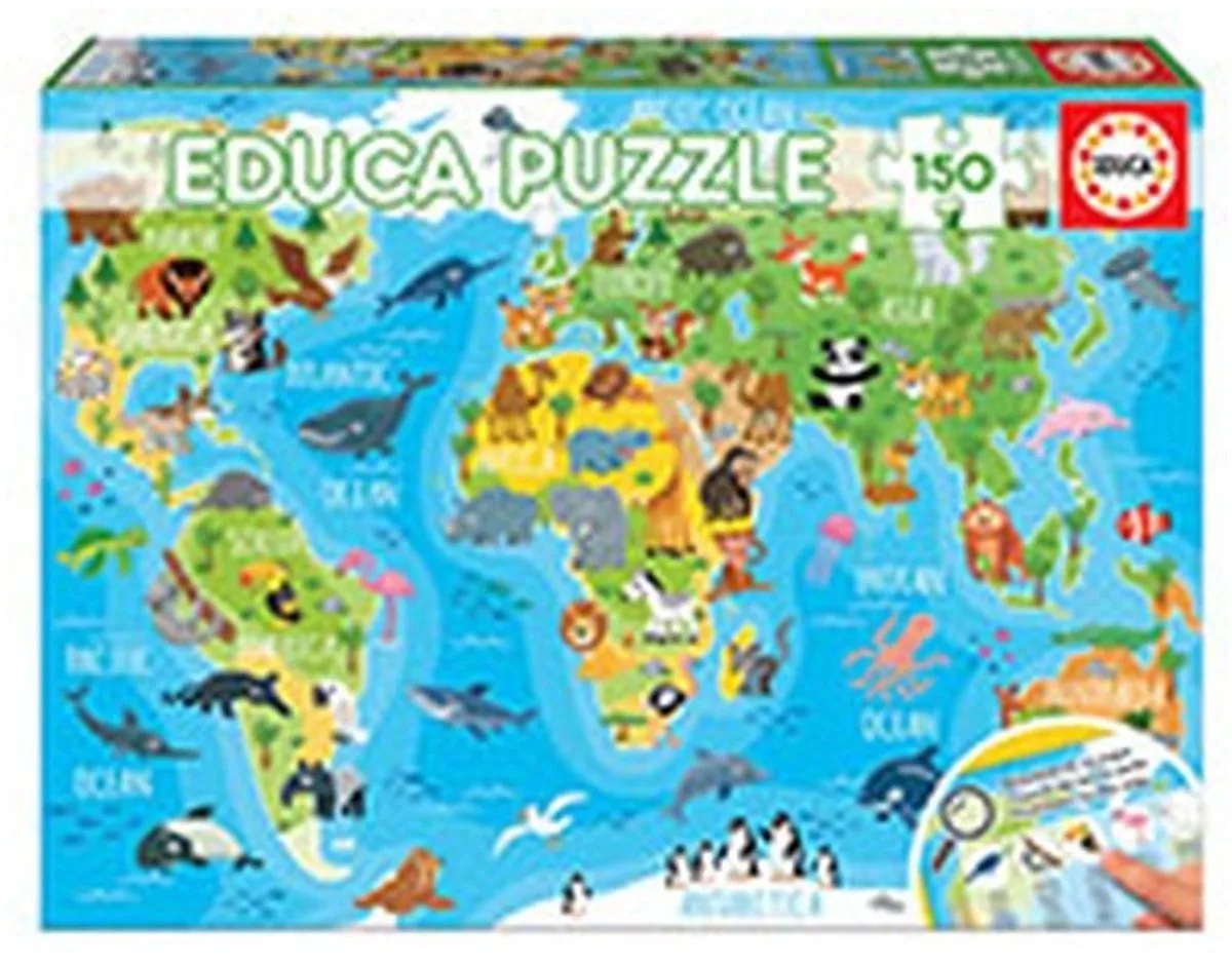 Puzzel - Wereldkaart met Dieren - 150 stukjes - Legpuzzel från Educa, utgåva Flerfärgad – kartong
