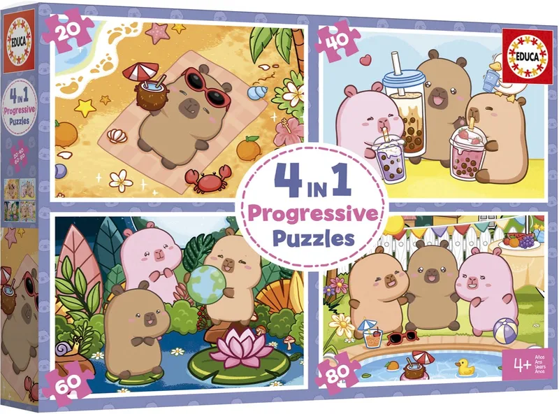 puzzelset Capyfun - 4 legpuzzels voor kinderen - karton. van Educa, editie Meerkleurig – doos
