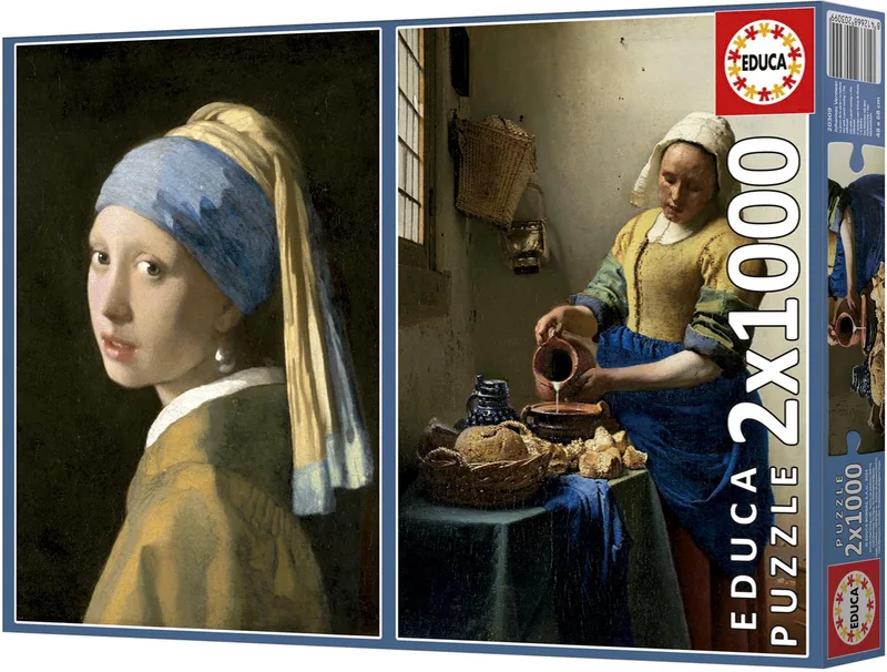 puzzelset kunst - Vermeer Meisje met de parel & Melkmeisje 2x1000 stukjes. von Educa, Ausgabe Mehrfarbig – Schachtel