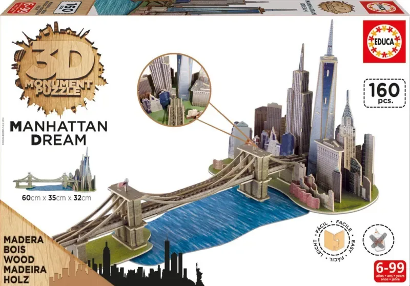 Puzzle Puzzle 3D - Puzzle 3D en Bois - Brooklyn Bridge, Manhattan Dream - 150 à 199 pièces van Educa – doos