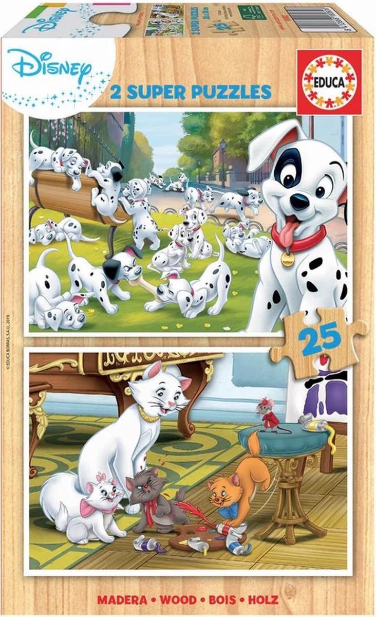WOODEN DISNEY DIEREN - DALMATEN + ARISTOCHATEN - 2 houten puzzels from Educa, Multicolour edition – box