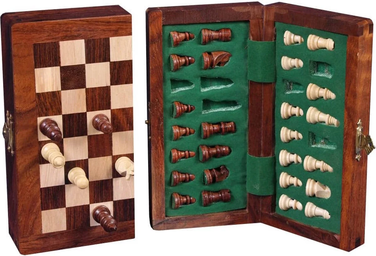Magnetische Opklapbare Schaakset – Houten Schaakbord & Schaakstukken – Acacia Hout – Compact 15 x 30 cm – Reisbord voor Tactisch Spel – Engelhart de Engelhart – boîte