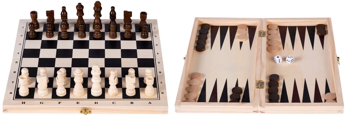 Opklapbare Schaak & Backgammon Set – Berkenhout – Houten Schaakstukken Koning 60 mm – Spelbord 29 x 29 cm – Luxe Houten Spelset – 2 spellen in 1 de Engelhart – boîte