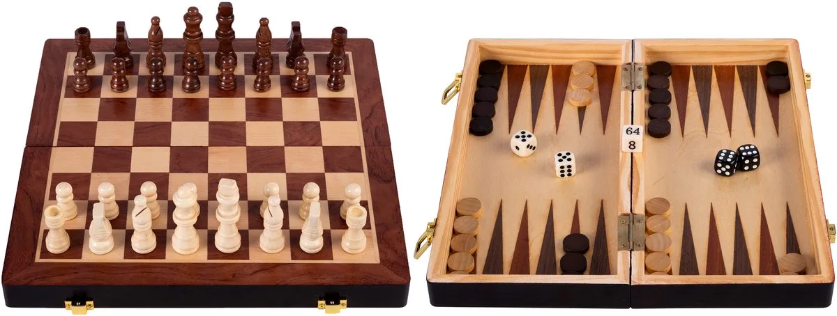 Opklapbare Schaak & Backgammon Set – Houten Schaak- en Backgammonbord van Essenhout – Spelbord 30 x 30 x 5,5 cm – Luxe Reisbord & Draagbare Spelset – 2 spellen in 1 – Engelhart de Engelhart – boîte