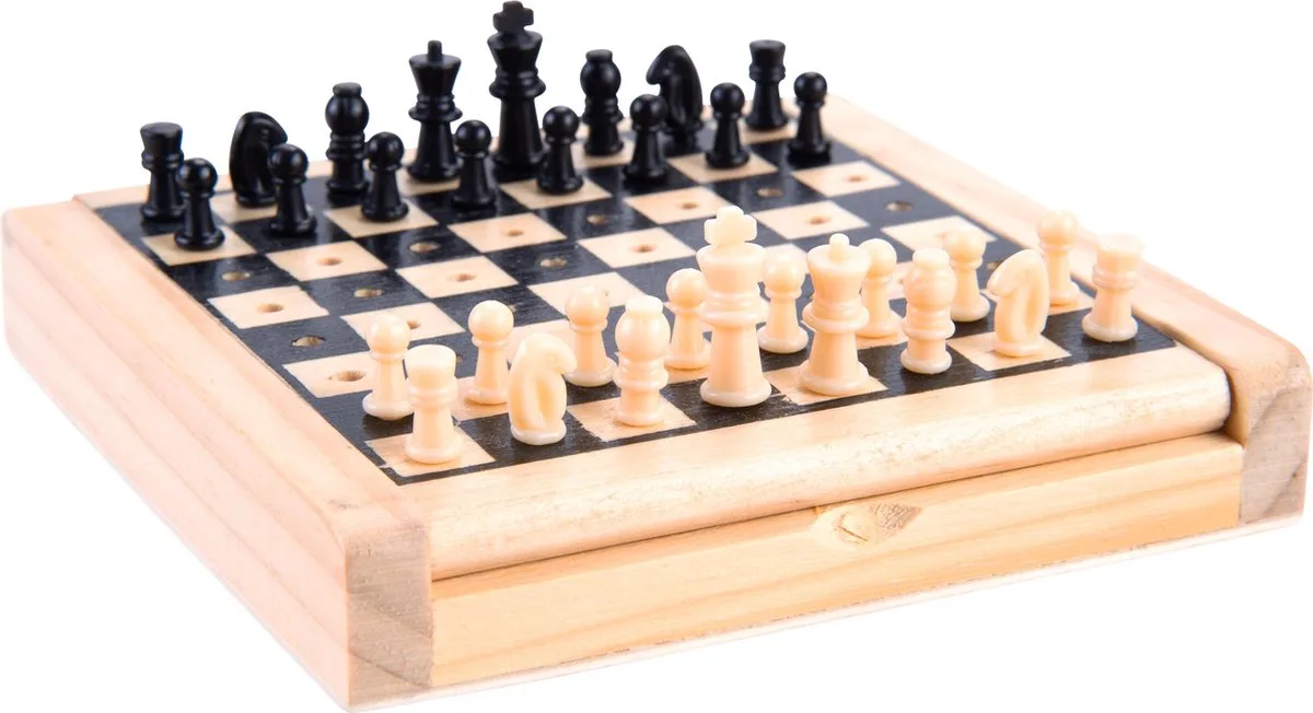Reisschaak Hout – Pocket Chess 12 x 12 cm – Rubberwood Schaakbord met Opbergcompartiment – Koning 21 mm – Engelhart de Engelhart – boîte