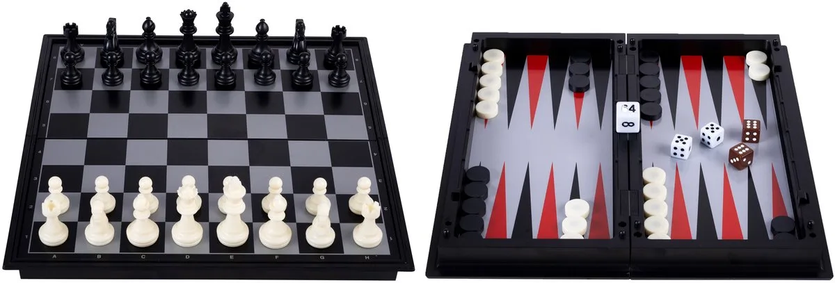 Reisspel Schaak & Backgammon 24 cm – Magnetisch & Opklapbaar – Inclusief Opbergcompartiment – Koning 50 mm – Engelhart de Engelhart – boîte