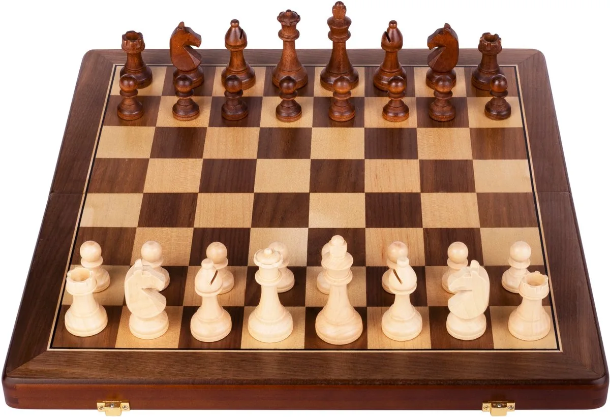 Schaakset 15 inch -magnetisch- opklapbaar-luxe Walnoothout- verzwaarde stukken -dubbele koningin-Engelhart de Engelhart – boîte