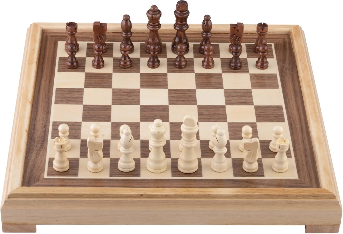 Schaakset 40x40 cm – Luxe Houten Schaakbord Ingelegd Esdoorn & Walnoot Fineer – Koning 77 mm – Met Opbergsysteem – Inclusief Colourbox – Houten Schaakstukken & Bord – Engelhart de Engelhart – boîte