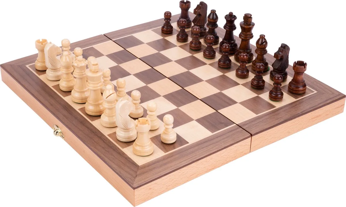 Schaakspel Beukenhout met Walnoot Fineer – Opklapbaar Houten Schaakbord 30x30 cm – Luxe Ingelegd Speelveld – Reis & Thuis editie – Engelhart de Engelhart – boîte