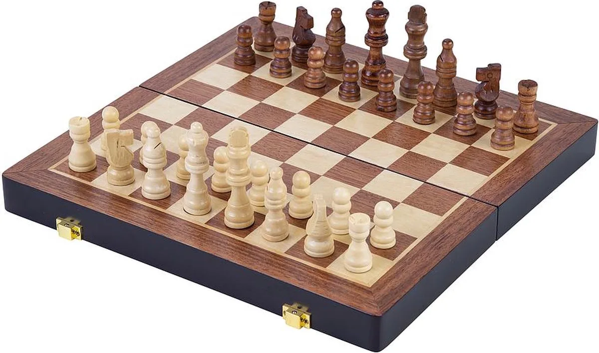 Schaakspel Deluxe Inklapbaar – Houten Schaakset van Essenhout – Luxe Bruin Schaakbord 24.5 x 24.5 x 5,0 cm – Opklapbaar & Compact – Engelhart de Engelhart – boîte