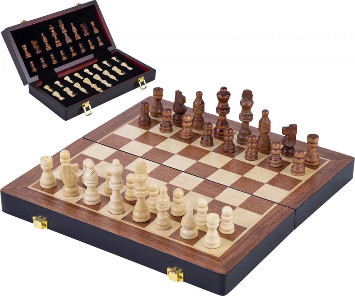 Schaakspel Deluxe Inklapbaar – Houten Schaakset van Essenhout – Luxe Bruin Schaakbord 38 x 38 x 5,8 cm – Opklapbaar & Compact – Engelhart de Engelhart – boîte