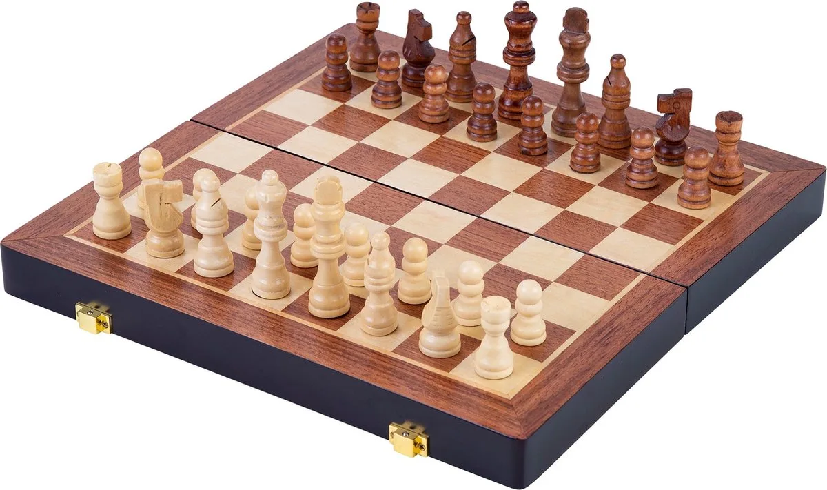 Schaakspel Deluxe Inklapbaar – Houten Schaakset van Essenhout – Luxe Bruin Schaakbord 30 x 30 x 5,5 cm – Opklapbaar & Compact – Engelhart de Engelhart – boîte