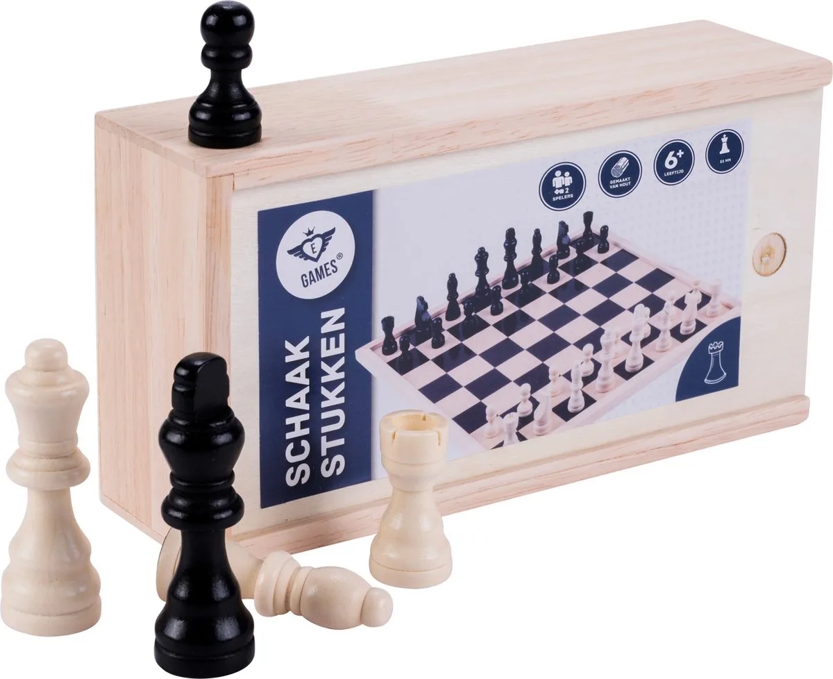 Schaakstukken Essenhout – Luxe Houten Schaakset 32 Stuks – Koning 88 mm – Zwart & Naturel – Met Opbergkistje – Klassiek Schaakspel – Engelhart de Engelhart – boîte