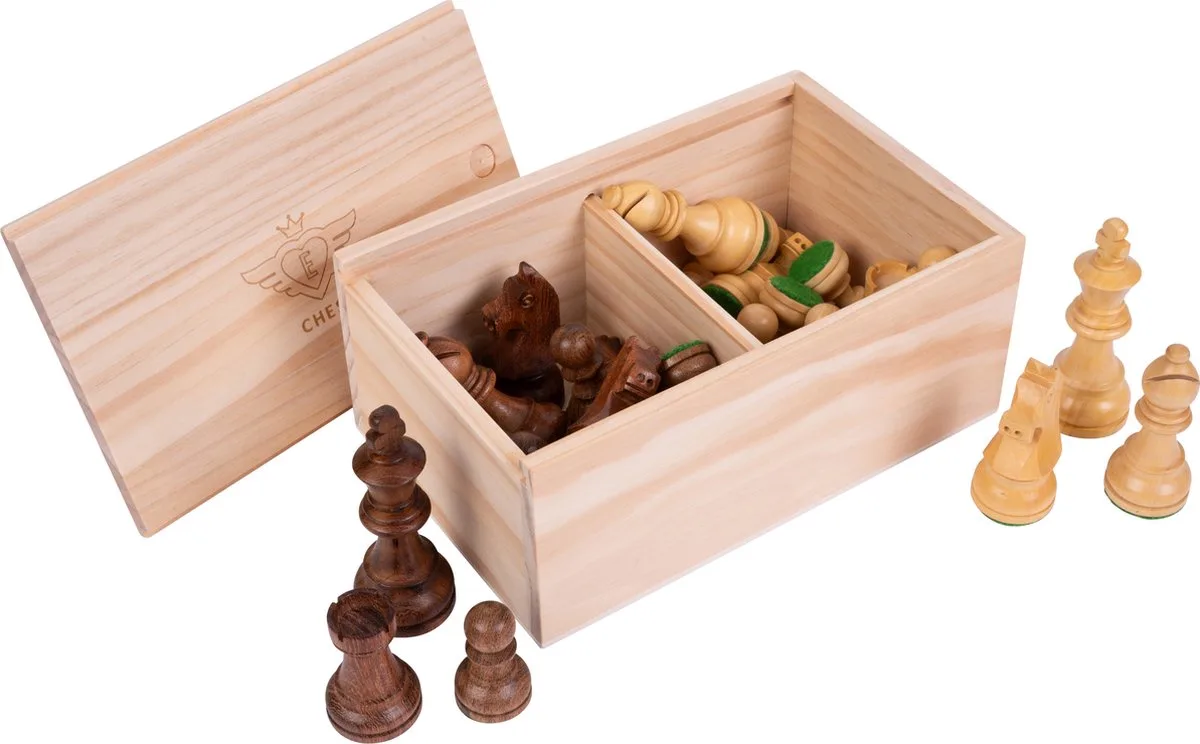 Schaakstukken Set – 32 Stuks van Essenhout – Naturel – Houten Kistje – Hoogte Koning 77 mm – Luxe schaakset – Engelhart de Engelhart, édition Noir – boîte