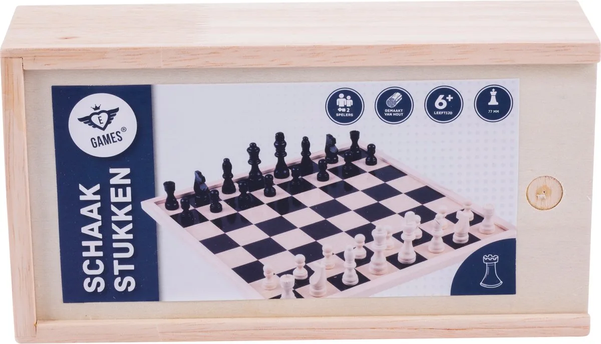 Schaakstukken Set – 32 Stuks van Essenhout – Zwart & Naturel – Houten Kistje – Hoogte Koning 77 mm – Luxe schaakset – Engelhart de Engelhart – boîte