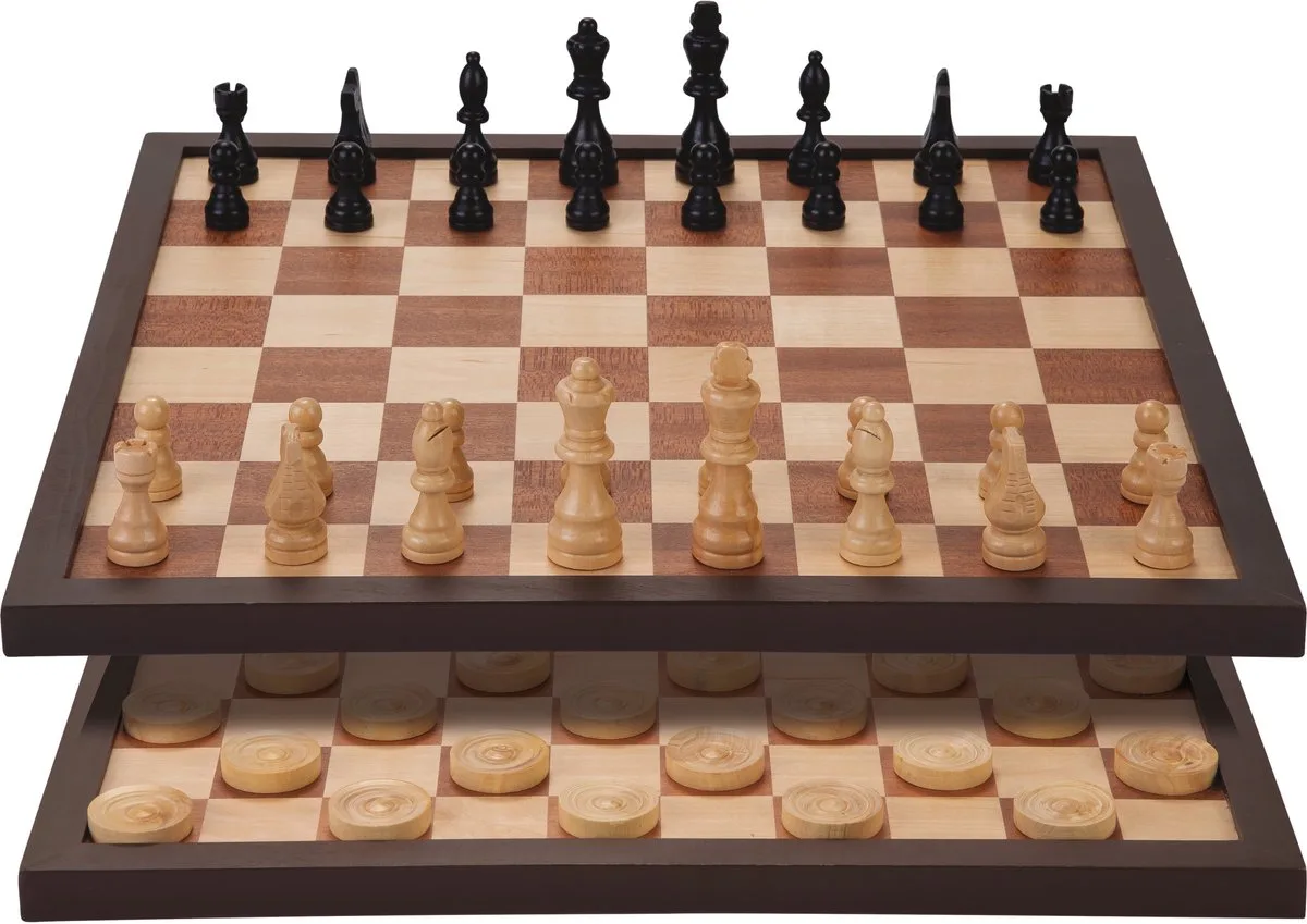 Tweezijdig Schaak- en Dambord Ingelegd – Houten Luxe Spelbord 42 x 42 cm – Groot Bord voor Schaakspel & Dammen – Klassiek Bordspel – 2 spellen in 1 – Engelhart de Engelhart – boîte
