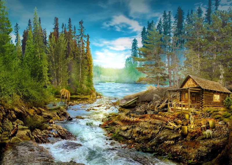 legpuzzel A Log Cabin by the Rapids - 1000 stukjes volwassenen. från Enjoy Puzzle, utgåva Flerfärgad – kartong