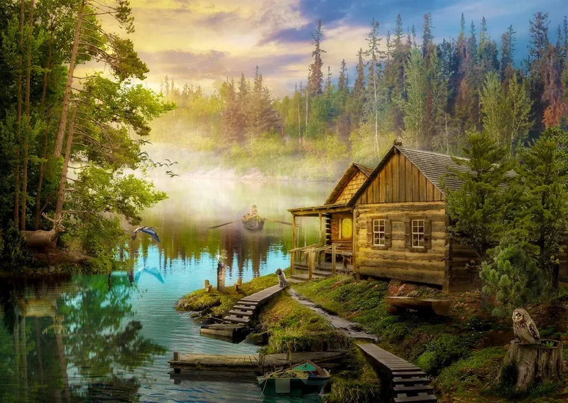 legpuzzel A Log Cabin on the River - 1000 stukjes puzzel. de Enjoy Puzzle, édition Multicolore – boîte