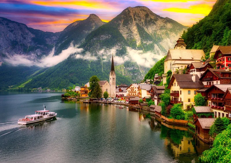 legpuzzel Hallstatt bij zonsondergang Oostenrijk 1000 stukjes. de Enjoy Puzzle, édition Multicolore – boîte