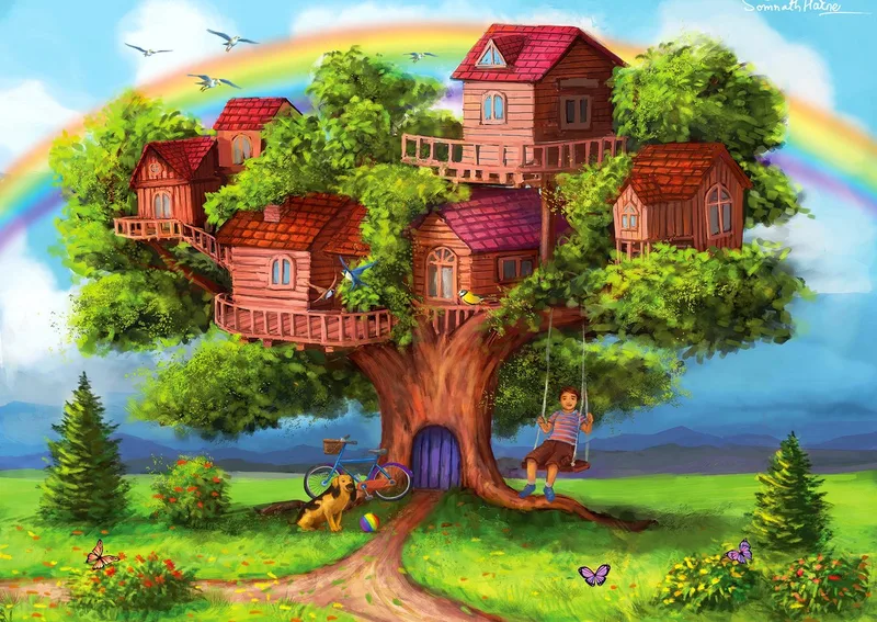 legpuzzel Treehouses - 1000 stukjes kleurrijk puzzelplezier. van Enjoy Puzzle, editie Meerkleurig – doos