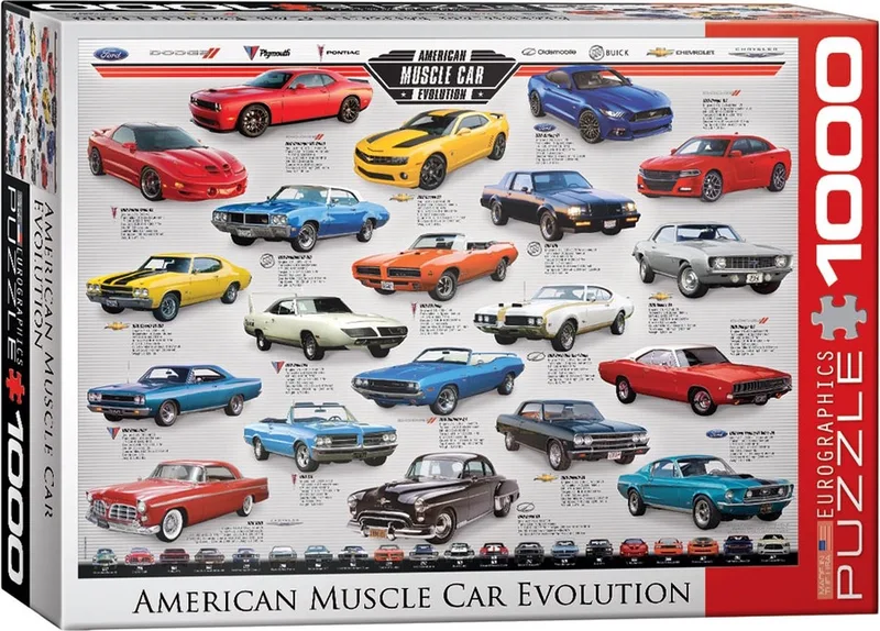 De evolutie van de Amerikaanse muscle car [American Muscle Car Evolution] - 1000 stukjes 68×48cm (b×h) - Legpuzzel van Eurographics, editie Meerkleurig – doos