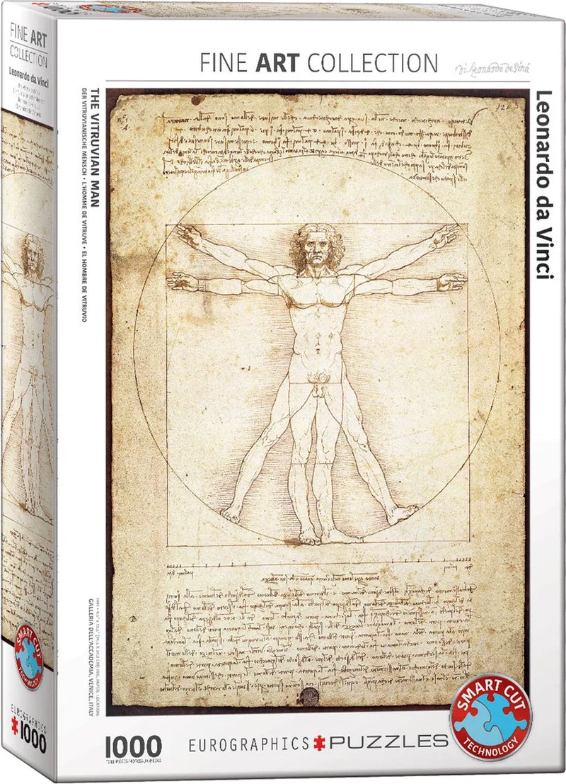 De verhoudingen van het menselijk lichaam volgens Vitruvius [Le proporzioni del corpo umano secondo Vitruvio] - Leonardo Da Vinci - 1000 stukjes 48×68cm (b×h) - Legpuzzel från Eurographics, utgåva Leonardo Da Vinci – The Vitruvian Man – kartong
