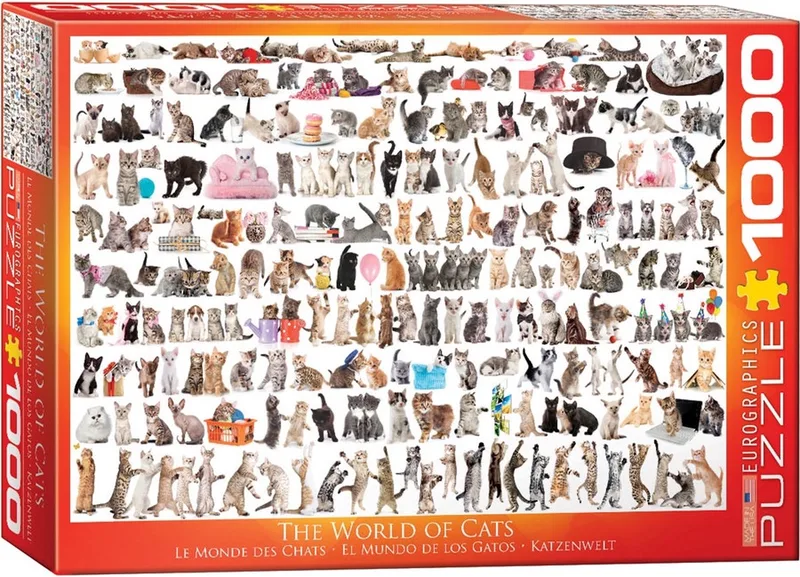 De Wereld van Katten [The World of Cats] - 1000 stukjes 68×48cm (b×h) - Legpuzzel fra Eurographics, Flerfarvet-udgave – æske 1 af 2