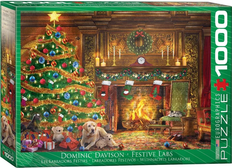 Feestelijke Labradors [Festive Labs] - Dominic Davison - 1000 stukjes 68×48cm (b×h) - Legpuzzel van Eurographics, editie Meerkleurig – doos