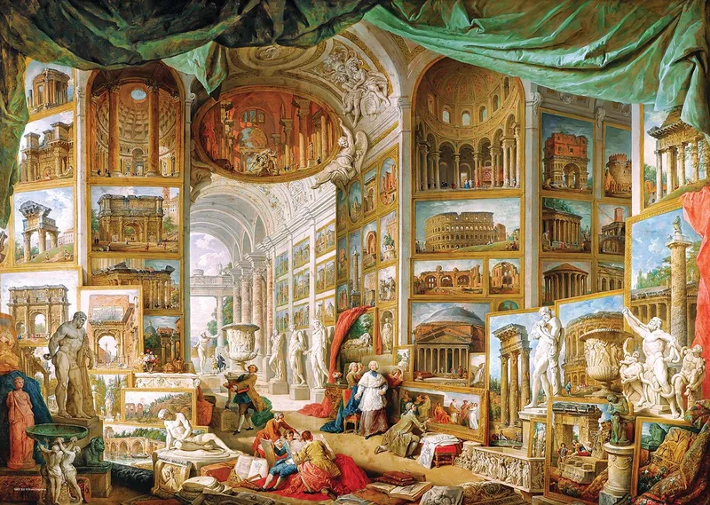 Galerij met afbeeldingen van het oude Rome [Galleria di vedute di Roma antica] - Giovanni Panini - 1000 stukjes 68×48cm (b×h) - Fine Art Legpuzzel fra Eurographics, Flerfarvet-udgave – æske 1 af 2