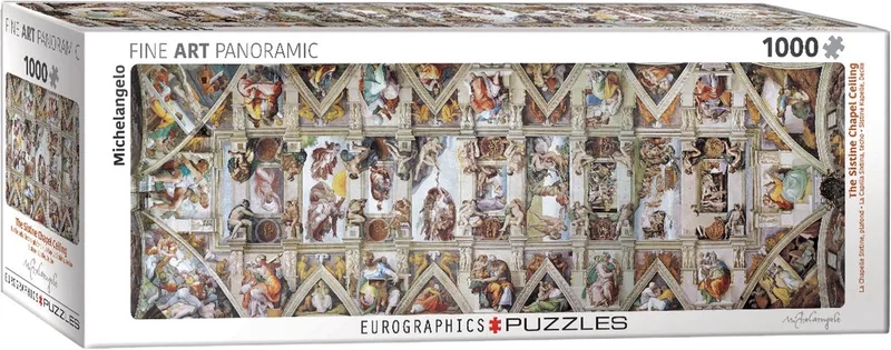 Het Plafond van de Sixtijnse Kapel - Michelangelo di Buonarotti - 1000 stukjes 96×32cm (b×h) - Fine Art Panorama Legpuzzel de Eurographics, édition Multicolore – boîte 1 sur 2
