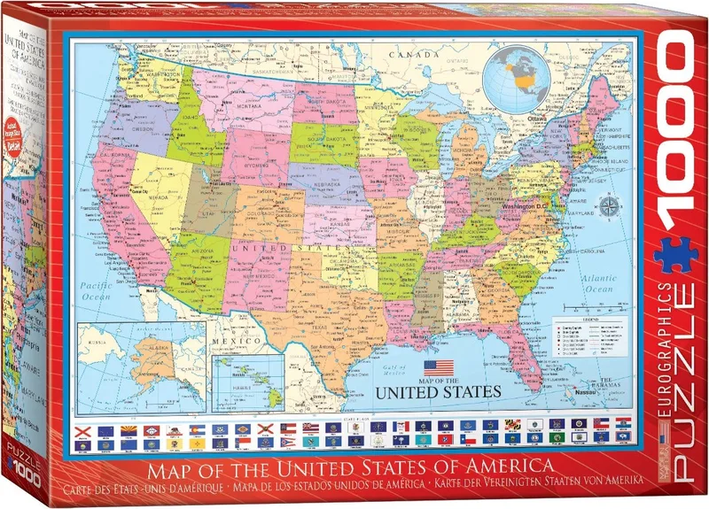 Kaart van de V.S. [Map of the USA] - 1000 stukjes 68×48cm (b×h) - Legpuzzel de Eurographics, édition Multicolore – boîte 1 sur 2