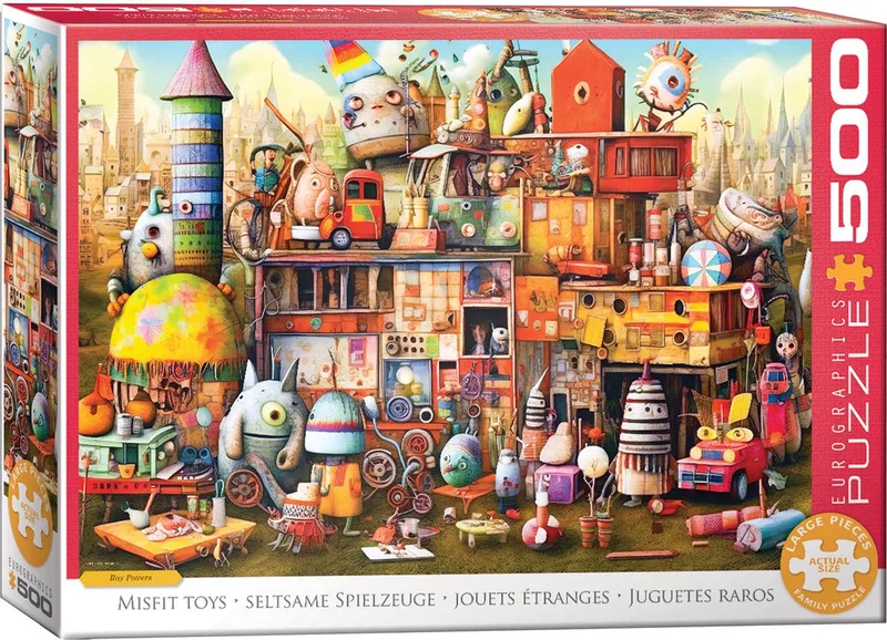 Mispassend Speelgoed [Misfit Toys] - Ray Powers - 500 stukjes 68×48cm (b×h) - Legpuzzel fra Eurographics, Flerfarvet-udgave – æske 1 af 2