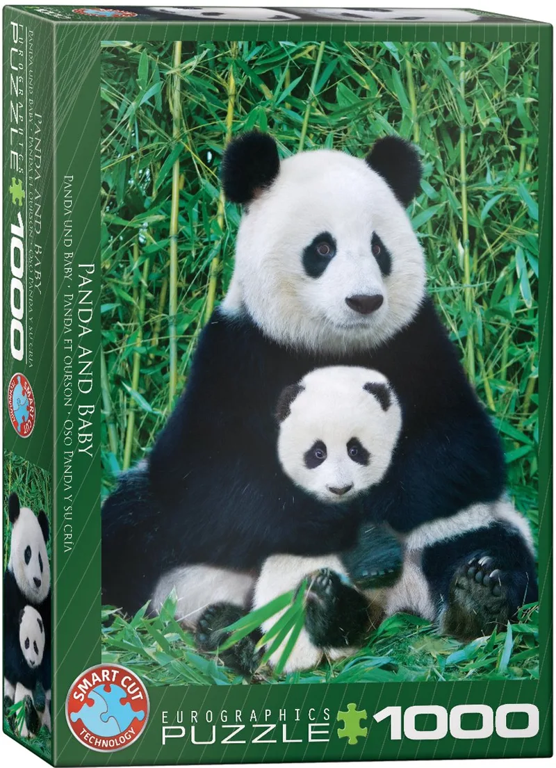 Panda & Baby - 1000 stukjes 48×68cm (b×h) - Legpuzzel van Eurographics, editie Zwart – doos