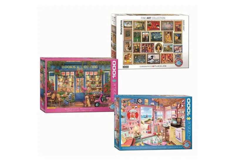 Puzzle Puzzle 3er-Pack (Books/FineArt/Ocean Cottage), 1000 Puzzleteile fra Eurographics – æske