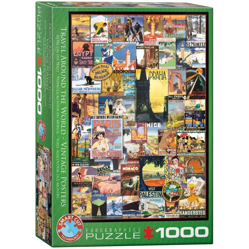 Reis de Wereld Rond Vintage posters [Travel Around the World Vintage Posters] - 1000 stukjes 48×68cm (b×h) - Legpuzzel de Eurographics, édition Multicolore – boîte 2 sur 2