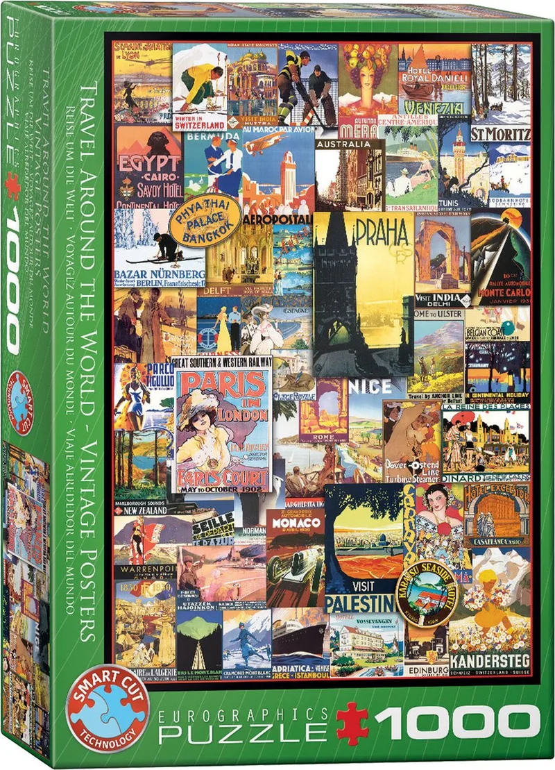 Reis de Wereld Rond Vintage posters [Travel Around the World Vintage Posters] - 1000 stukjes 48×68cm (b×h) - Legpuzzel de Eurographics, édition Multicolore – boîte 1 sur 2