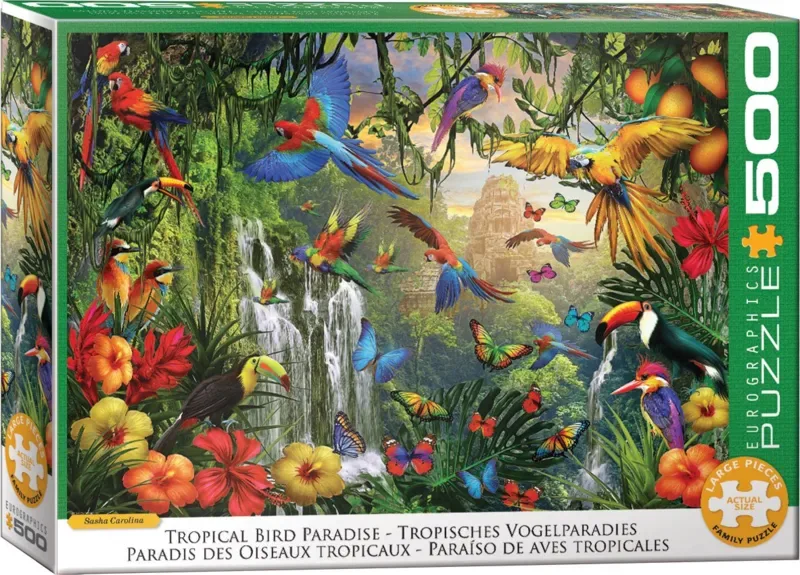 Tropische Vogelparadijs [Tropical Bird Paradise] - Sasha Carolina - 500 XL stukjes 68×48cm (b×h) - Familie Legpuzzel fra Eurographics, Flerfarvet-udgave – æske 2 af 2