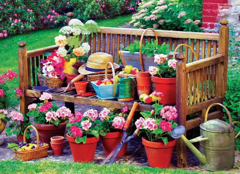 Tuin Bankje [Garden Bench] - 1000 stukjes 68×48cm (b×h) - Legpuzzel fra Eurographics, Flerfarvet-udgave – æske