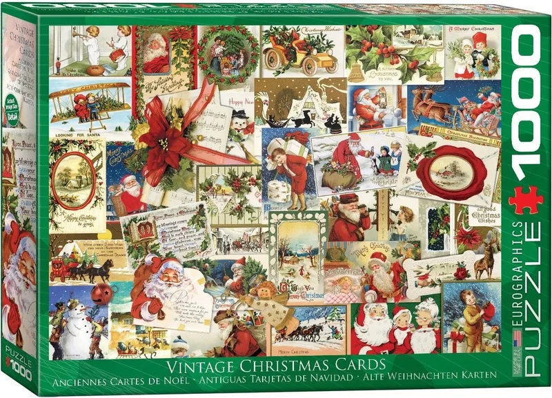 Vintage kerstkaarten [Vintage Christmas Cards] - 1000 stukjes 68×48cm (b×h) - Legpuzzel de Eurographics, édition Multicolore – boîte