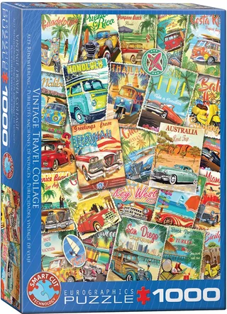 Vintage reiscollage [Vintage Travel Collage] - 1000 stukjes 48×68cm (b×h) - Legpuzzel de Eurographics, édition Multicolore – boîte 1 sur 2
