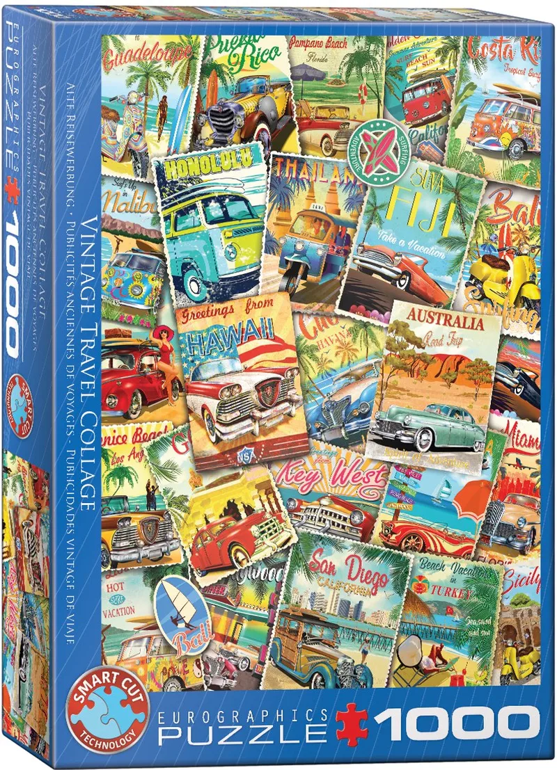 Vintage reiscollage [Vintage Travel Collage] - 1000 stukjes 48×68cm (b×h) - Legpuzzel de Eurographics, édition Multicolore – boîte 1 sur 2