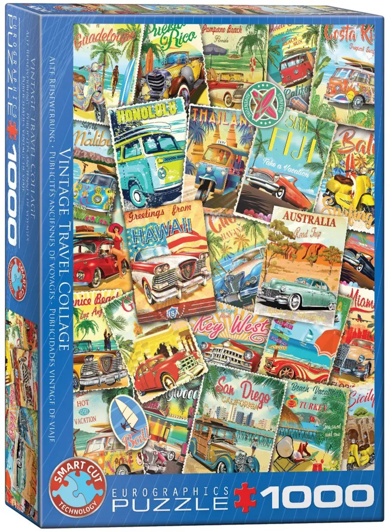 Vintage reiscollage [Vintage Travel Collage] - 1000 stukjes 48×68cm (b×h) - Legpuzzel de Eurographics, édition Multicolore – boîte 2 sur 2