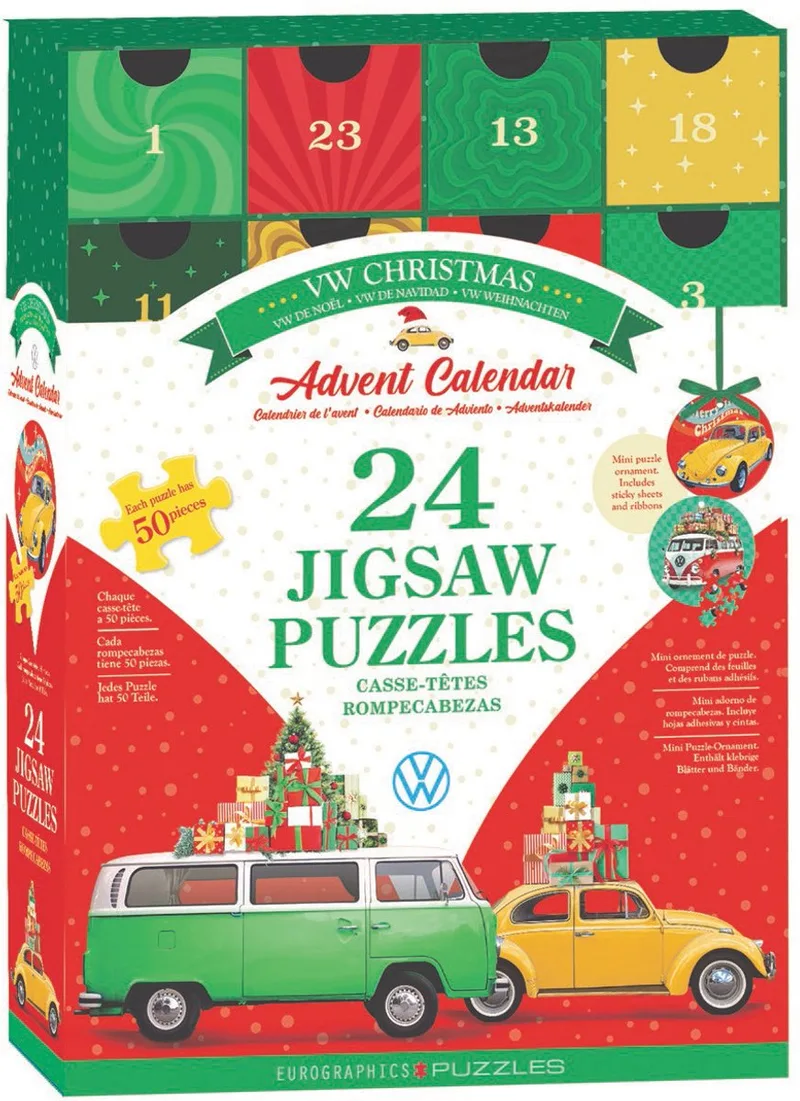 & Volkswagen - VW Christmas Advent Calendar - 24x50 stukjes 12,7×12,7cm (b×h) - Legpuzzel fra Eurographics, Flerfarvet-udgave – æske
