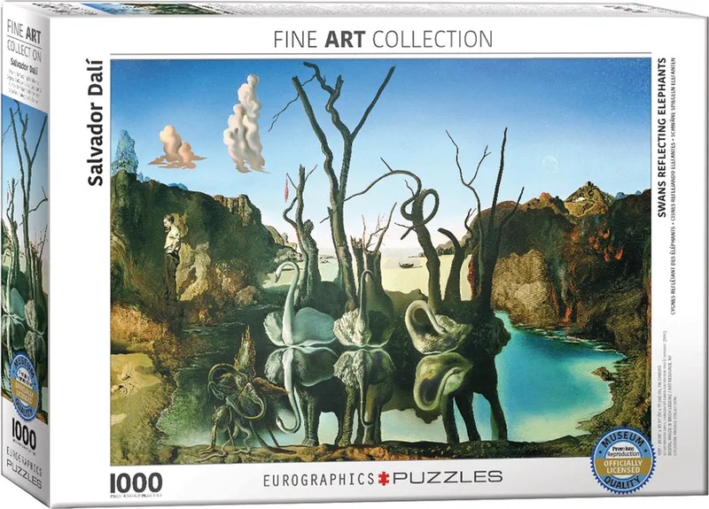 Zwanen weerspiegeld als olifanten [Les cygnes qui se reflètent en éléphants] - Salvador Dali - 1000 stukjes 68×48cm (b×h) - Fine Art Legpuzzel fra Eurographics, Flerfarvet-udgave – æske