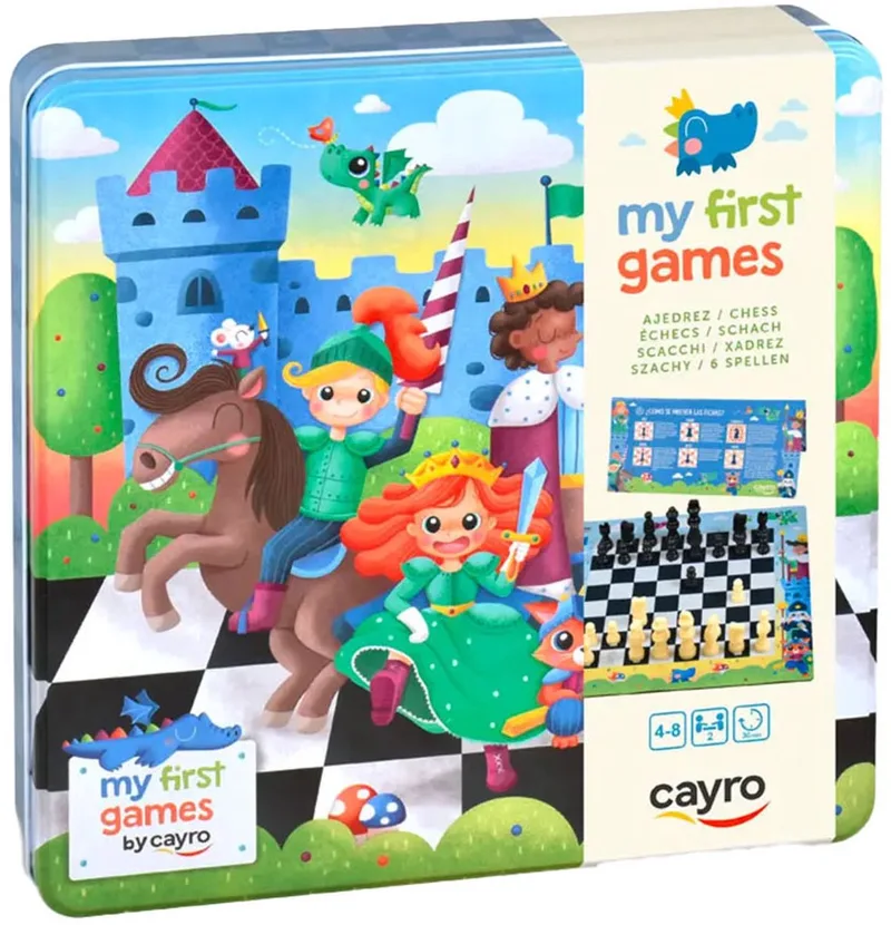 Cayro My First Chess - Kinderschaakset in Metalen Doos - Neopreen Schaakbord 32x32 cm - 2 Spelers - Speelduur 20-30 Minuten - Leeftijd 6-12 Jaar - Educatief Strategisch Bordspel voor Kinderen fra Geronimo Games – æske