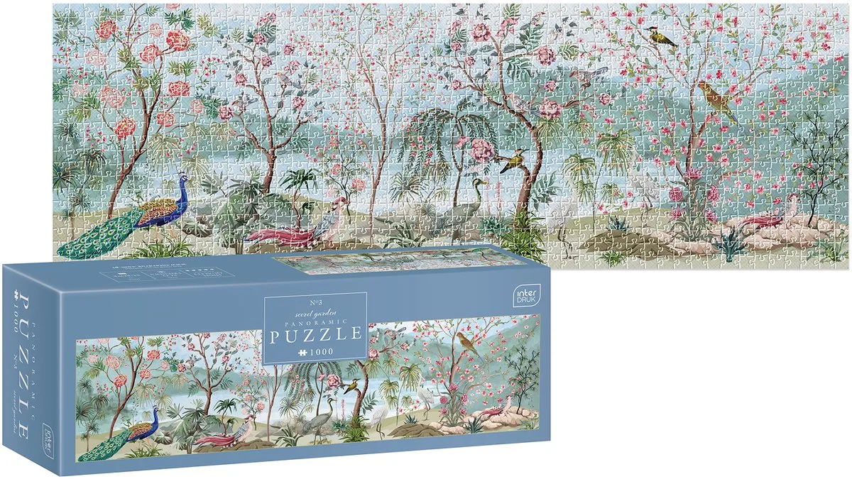 PUZZLE - 1000 STUKJES - Interdruk Secret Garden Panoramische Puzzel van Geronimo Games, editie Blauw – doos